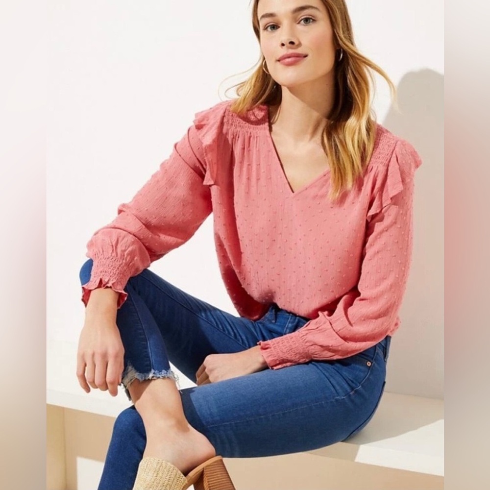 LOFT Dusty Rose V‑Neck Ruffle Shoulder Textured Blouse